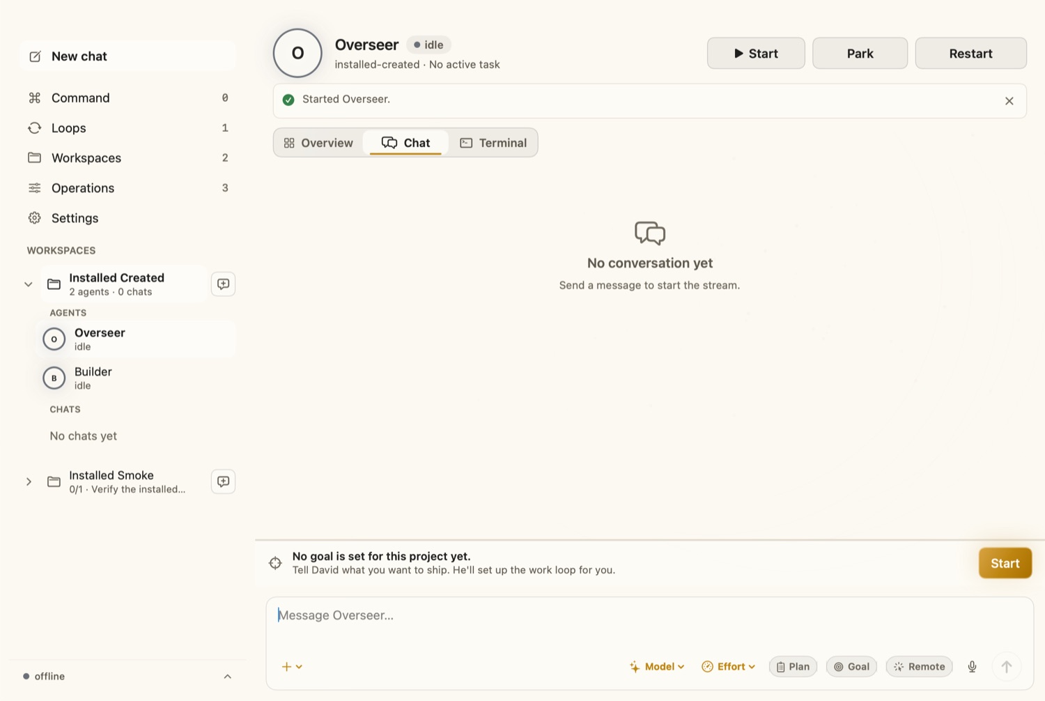 David Overseer chat screen showing a supervised workspace conversation.